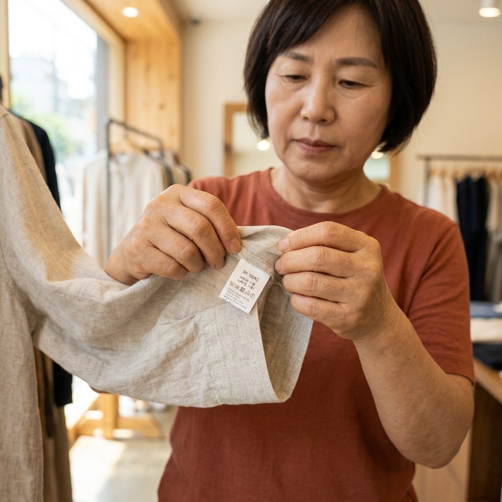 옷가게에서 린넨 소재 긴소매 셔츠의 라벨을 확인하는 70대 여성의 손, 소재 성분표가 선명하게 보이는 장면