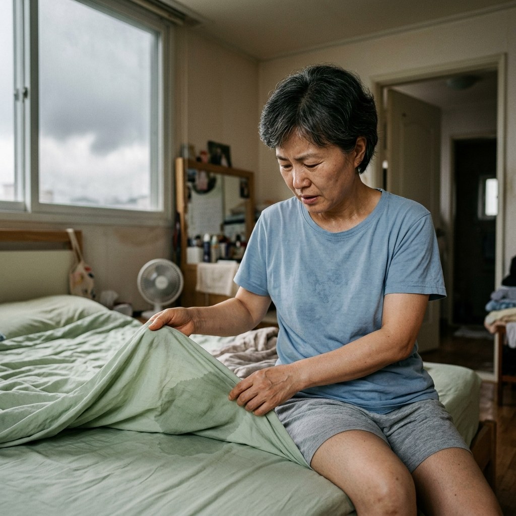 50대 여성이 여름 아침 침대 시트를 걷어내며 땀 자국을 확인하는 모습, 창밖으로 흐린 장마철 하늘이 보이고 실내는 눅눅한 분위기