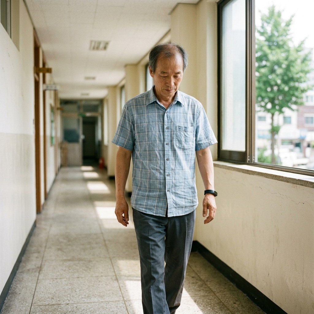 60대 남성이 실내 복도에서 천천히 걷는 모습, 손목에 심박수 측정 밴드를 착용하고 있으며 창밖으로 여름 햇살이 비치는 장면