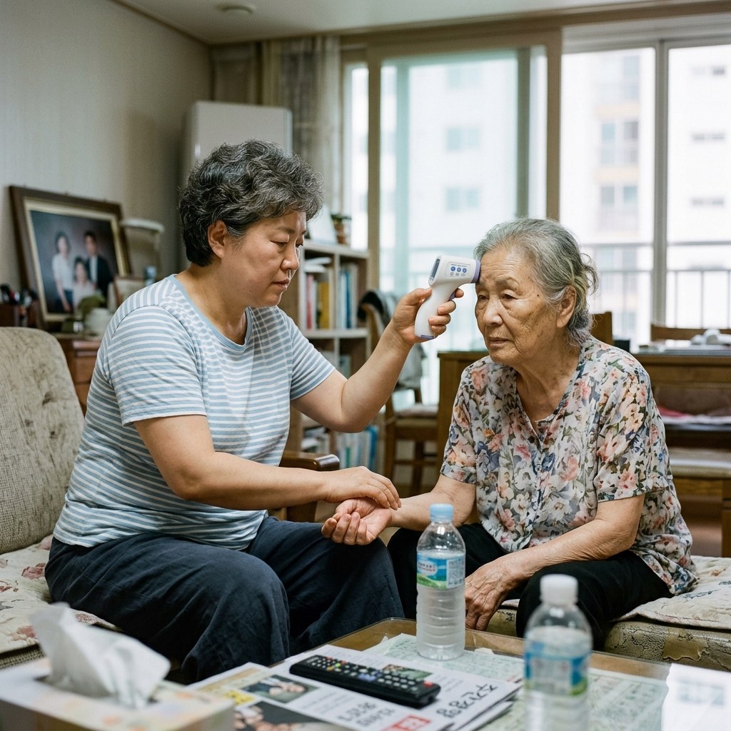 중년 여성이 부모님의 물병과 손목을 확인하며 체온을 재는 모습, 실내 거실 배경, 여름 반팔 차림