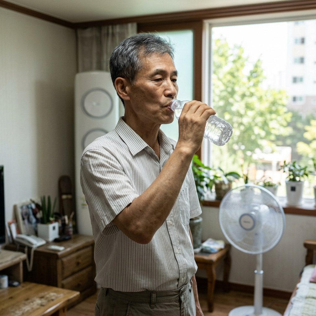 70대 남성이 실내에서 물병을 들고 천천히 물을 마시는 모습, 창밖으로 여름 햇살이 보이고 선풍기가 돌아가는 배경