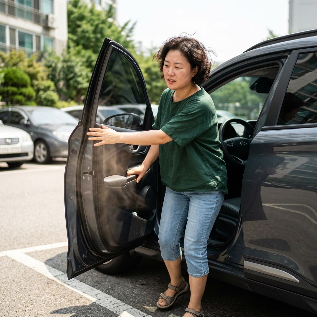 주차 직후 차 문을 열어 뜨거운 공기를 빼내는 장면