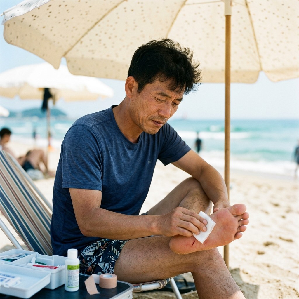 해변 파라솔 아래에서 성인이 발 상처에 거즈를 대고 압박 지혈하는 모습, 여름 오후 밝은 자연광