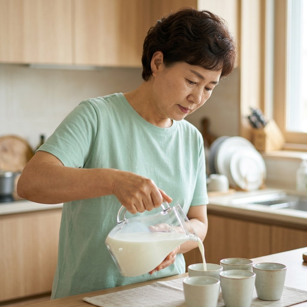 컵에 우유를 나누어 따르는 모습