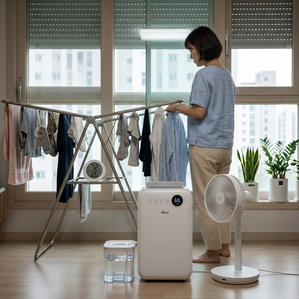 건조대 옆에 놓인 제습기와 선풍기, 바닥에는 물통이 보이고 창문은 닫혀 있으며 방 안 습도계가 함께 놓인 모습