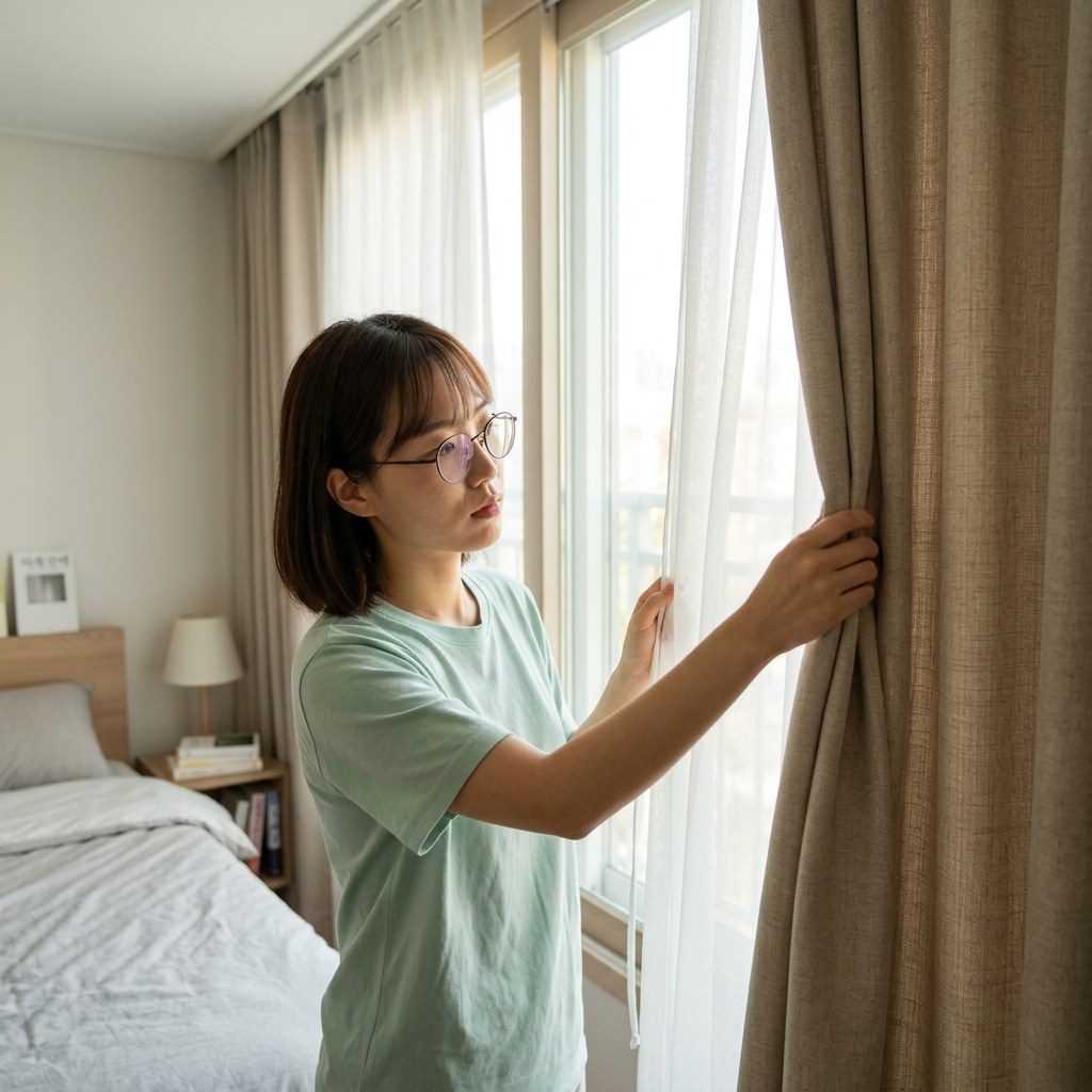 침실 창가에 얇은 화이트 커튼과 암막 커튼을 겹쳐 달고 햇빛 조절을 확인하는 장면