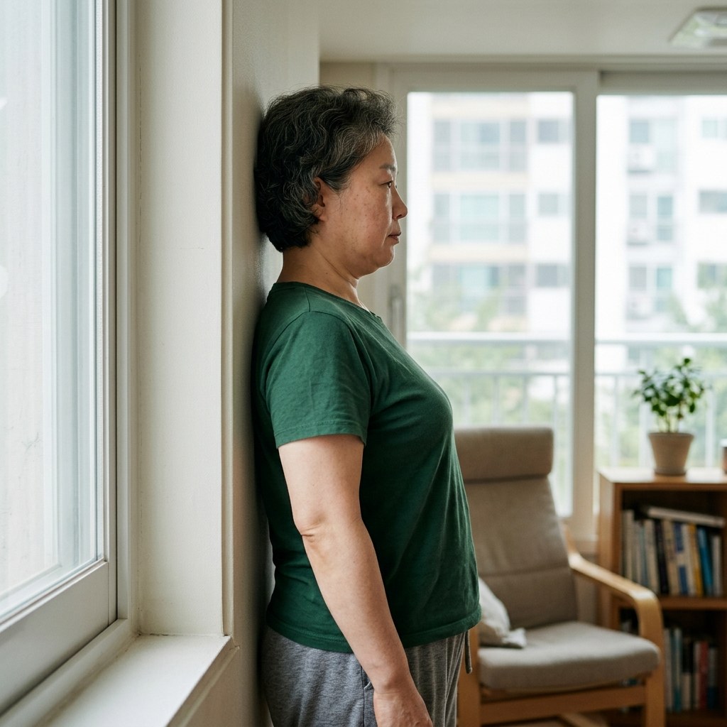 벽에 등을 기대고 턱을 뒤로 당기는 경추 운동을 하는 중년 여성, 밝은 실내, 반팔 티셔츠 차림