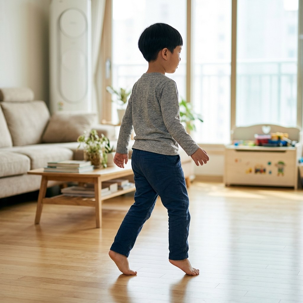 밝은 거실에서 까치발을 들고 걷는 5세 남자아이의 모습, 뒤꿈치가 바닥에 닿지 않은 채 앞으로 걸어가는 장면