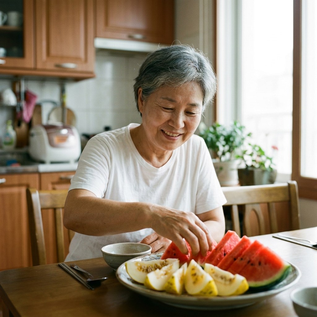 밝은 주방에서 수박과 참외가 담긴 접시 앞에 앉아 과일을 고르는 흰 셔츠의 70대 한국인 여성