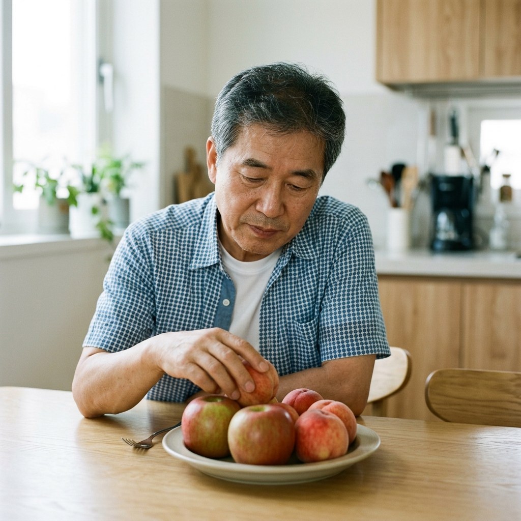 밝은 식탁 위에 사과와 백도가 담긴 접시를 살피는 반팔 셔츠의 60대 후반 한국인 남성