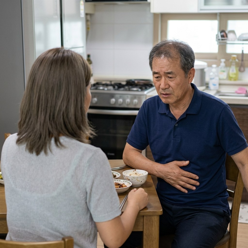 식탁에 앉아 배를 만지며 불편한 표정을 짓는 중장년 남성