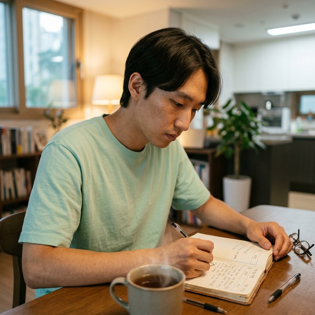 식탁 위에 놓인 따뜻한 차 한 잔과 다이어리를 보며 저녁 식습관을 기록하는 중장년 남성의 모습