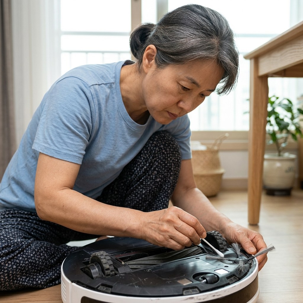 로봇청소기 하단의 낙하 방지 센서를 면봉으로 닦는 손