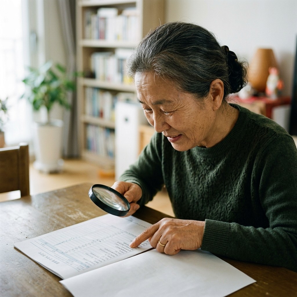 혈액검사 결과지 위에 돋보기를 놓고 혈당 수치 항목을 확인하는 모습, 손가락으로 당화혈색소 항목을 가리키고 있음