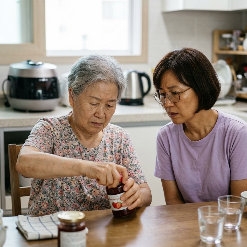 70대 여성이 식탁에 앉아 잼 병뚜껑을 열려고 애쓰는 모습을 곁에서 걱정스럽게 바라보는 중년 딸