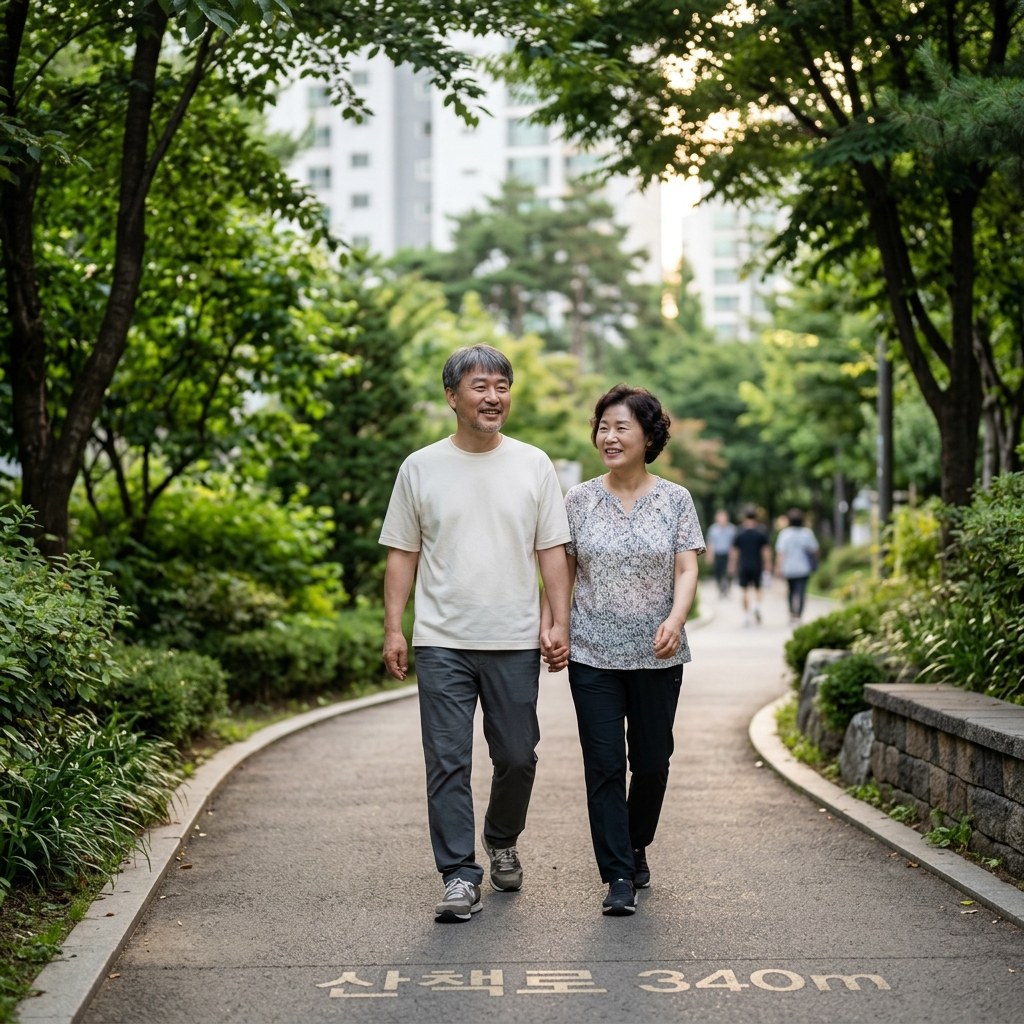 중장년층 부부가 식사 후 편안한 복장으로 동네 산책로를 걷는 장면