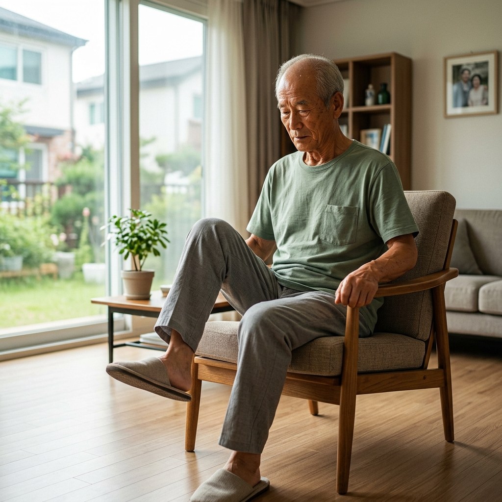 80대 한국인 남성이 거실 의자에 앉아 무릎을 천천히 들어올리는 근력 운동 장면, 창밖으로 부드러운 자연광