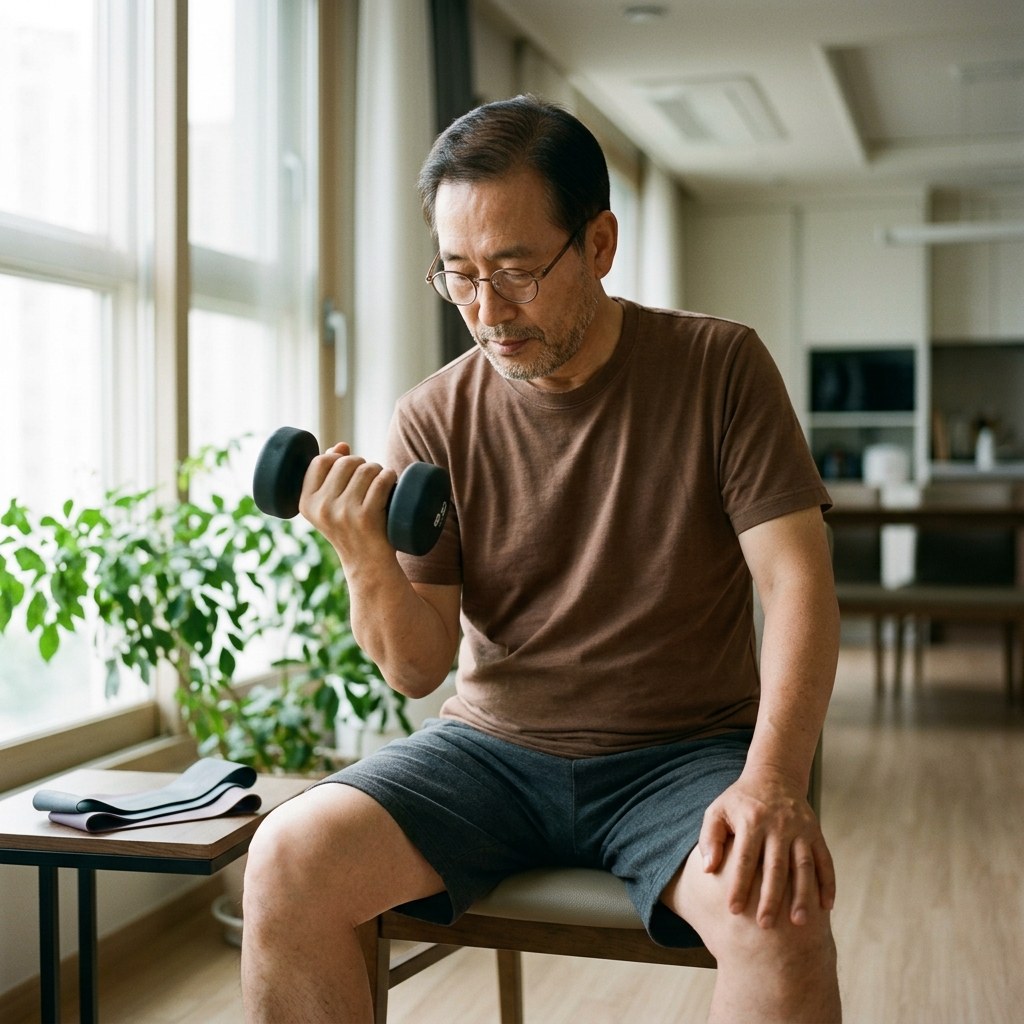 밝은 실내 운동 공간에서 가벼운 아령을 들고 천천히 팔을 들어 올리는 70대 한국인 여성의 모습, 자연광이 창문을 통해 부드럽게 들어오고 탄력밴드와 의자가 옆에 놓여 있음
