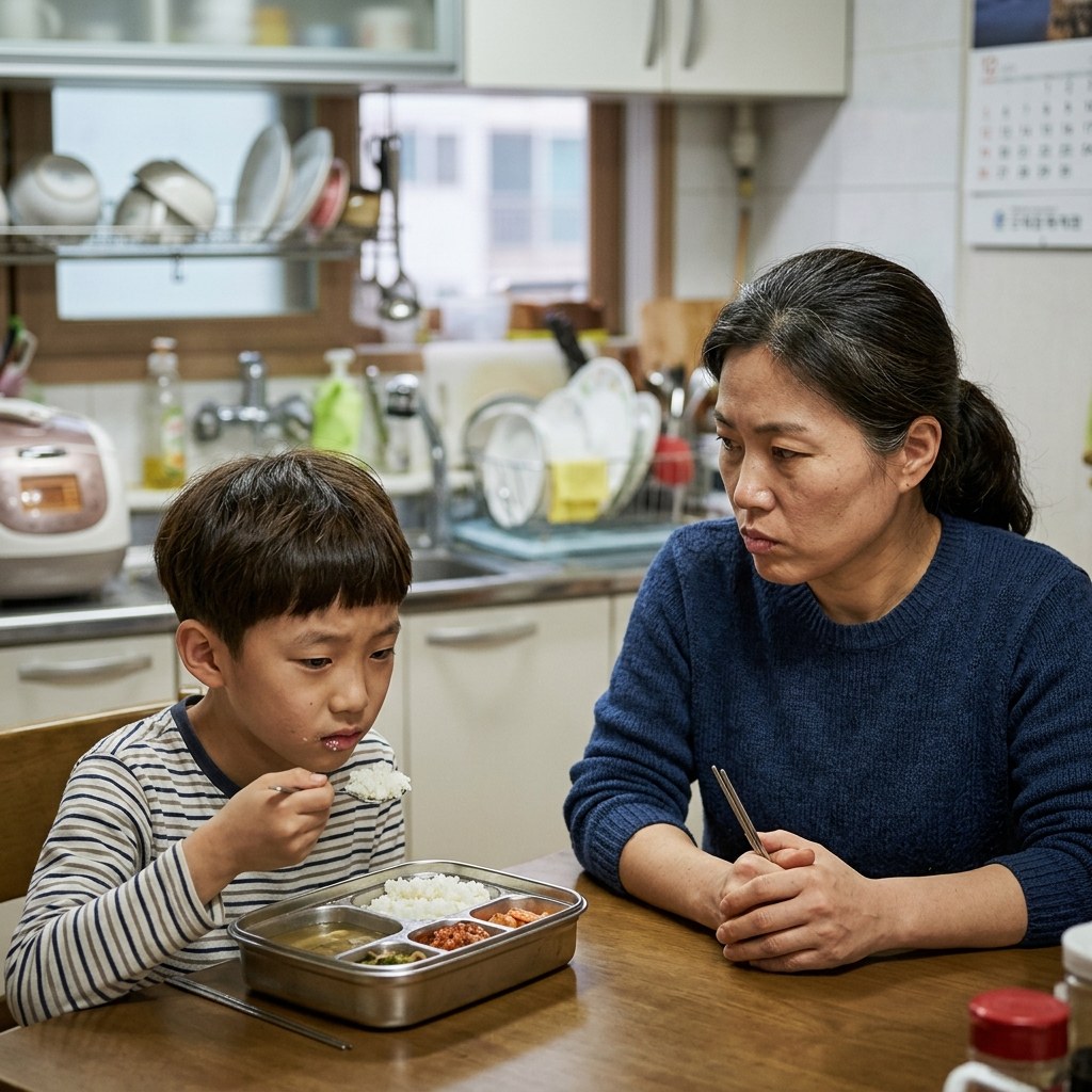 식탁에 앉아 긴장한 표정으로 밥을 먹는 초등학생 아이와 엄격한 표정으로 지켜보는 부모