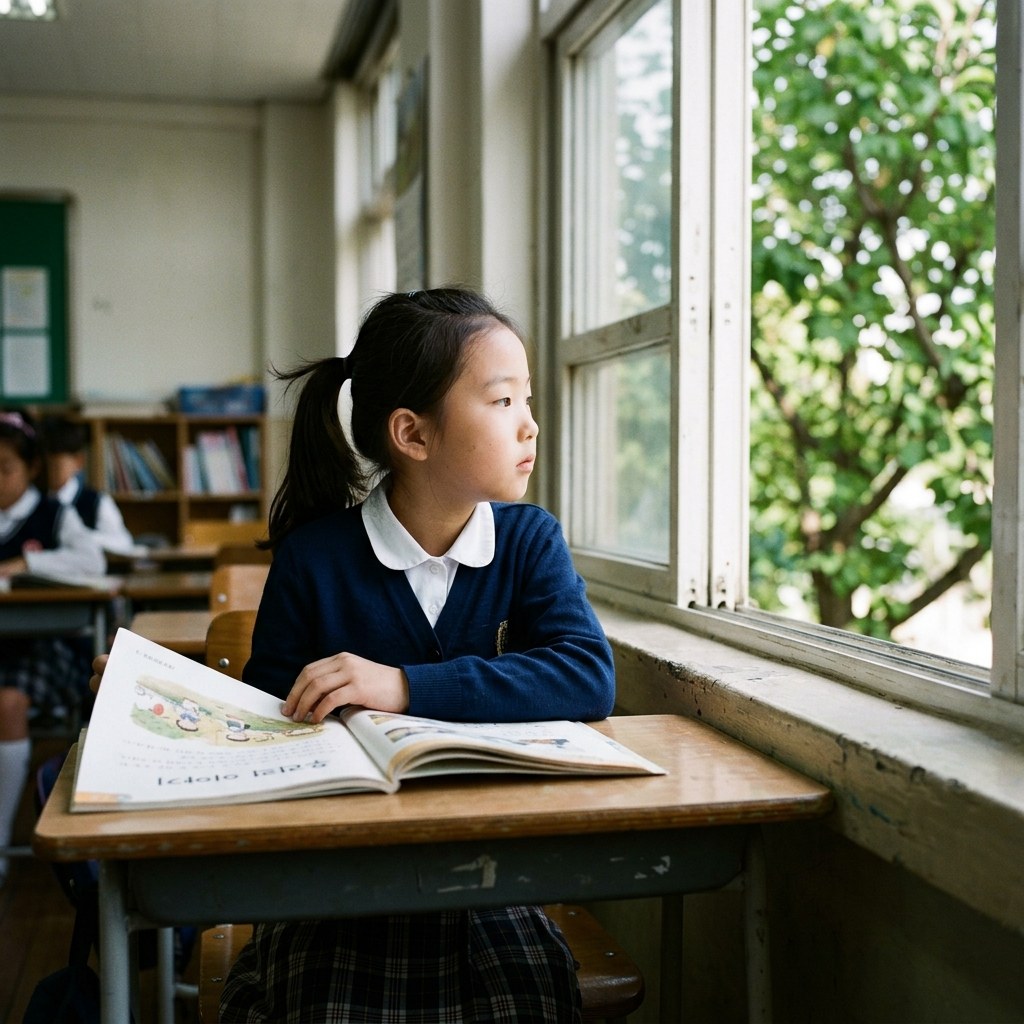 책상 앞에 앉아 책을 읽다가 창밖을 바라보는 초등학생, 긴팔 교복, 창 너머로 나무 보임