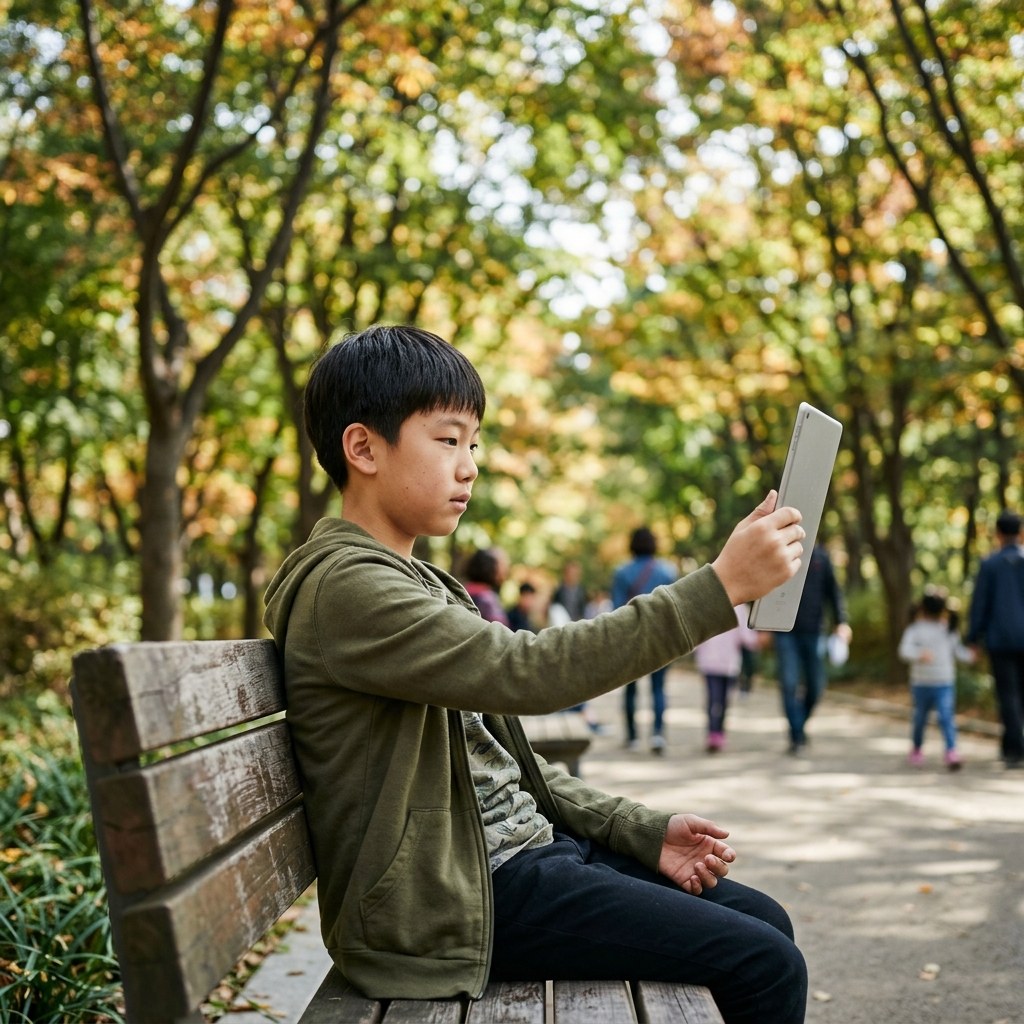 공원 벤치에서 태블릿을 팔 길이만큼 떨어뜨려 보고 있는 초등학생, 긴팔 점퍼, 나뭇잎 배경