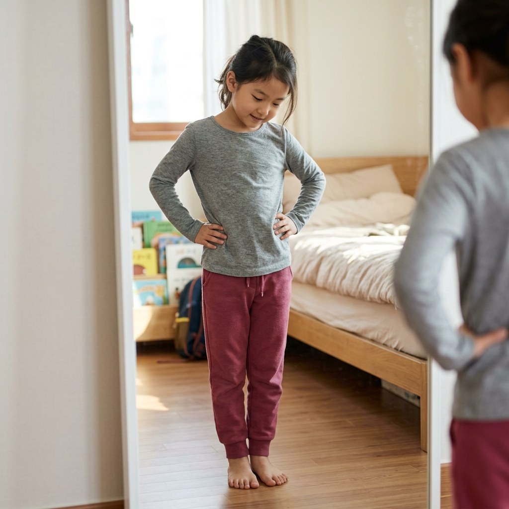 아이가 거울 앞에서 양손을 허리에 대고 발끝 방향을 확인하는 모습
