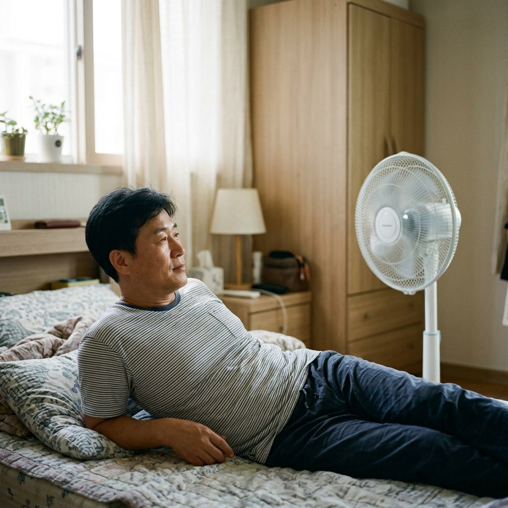 침실 벽을 향해 돌아가는 선풍기와 침대에서 편안하게 누워 있는 중년 남성