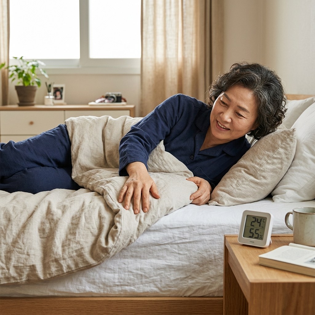 통기성 좋은 리넨 소재 침대 시트가 깔린 침대와 옆에 놓인 습도계
