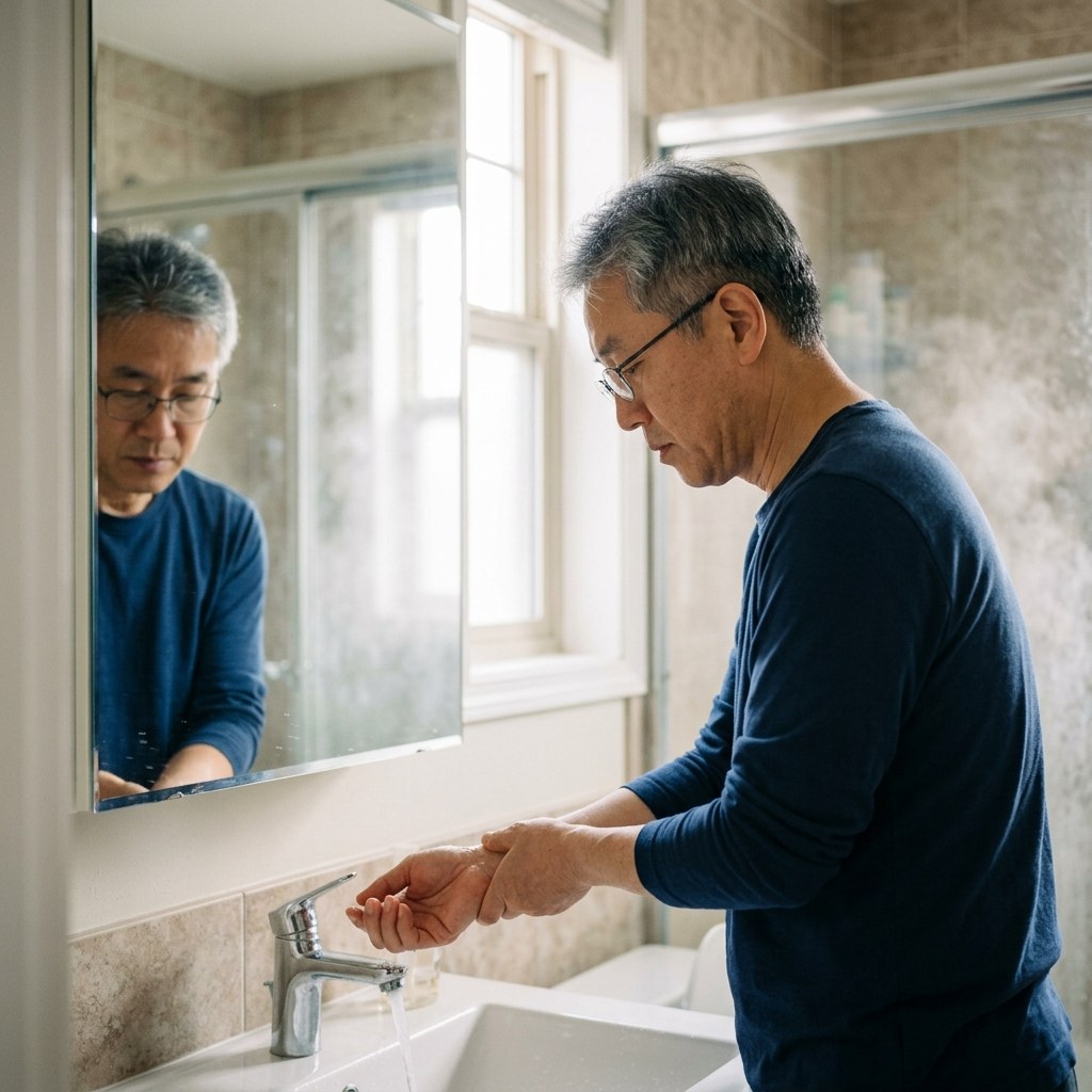 욕실 거울 앞에서 손목 안쪽에 물을 테스트하는 50대 남성, 수증기가 살짝 오른 밝은 욕실 배경