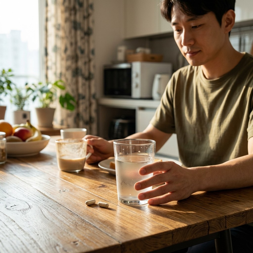 이른 아침 햇살이 비치는 식탁 위에 미지근한 물이 담긴 유리컵과 유산균 캡슐이 놓여 있는 장면