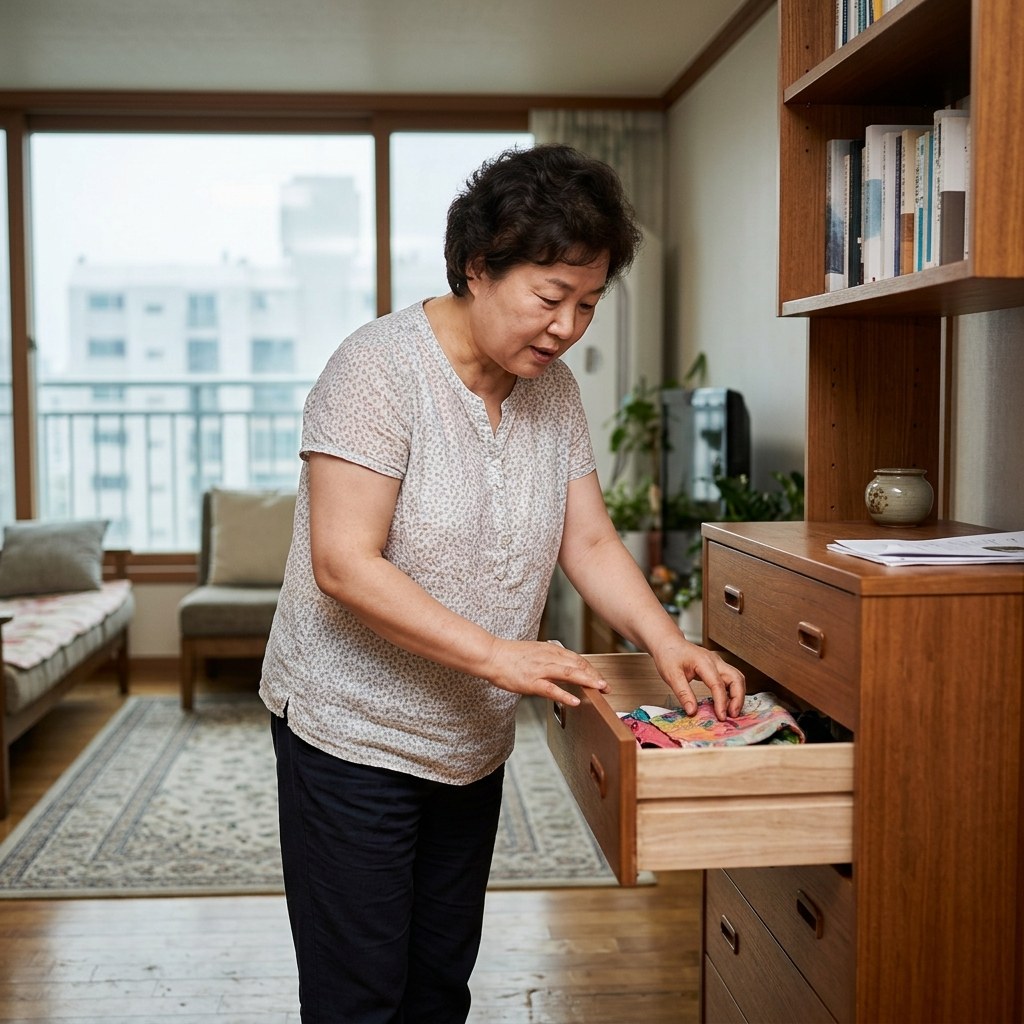 거실 한쪽 벽에 붙어 있는 옷 서랍장 앞에서 서랍을 절반쯤 열어보며 안쪽 옷감을 만져보는 중장년 여성, 밝은 실내, 창밖으로 보이는 흐린 하늘, 얇은 반팔 블라우스 차림