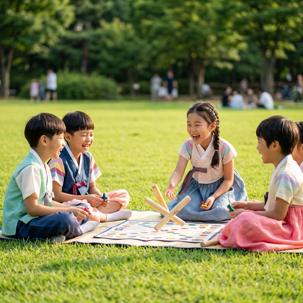 야외 잔디밭에서 한복 입은 초등학생 여러 명이 전통놀이를 하며 웃고 있는 여름 풍경