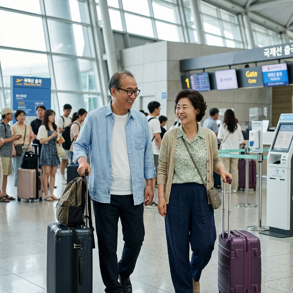 60대 후반 부부가 공항 출국장에서 짐을 끌며 웃고 있는 모습, 밝은 자연광