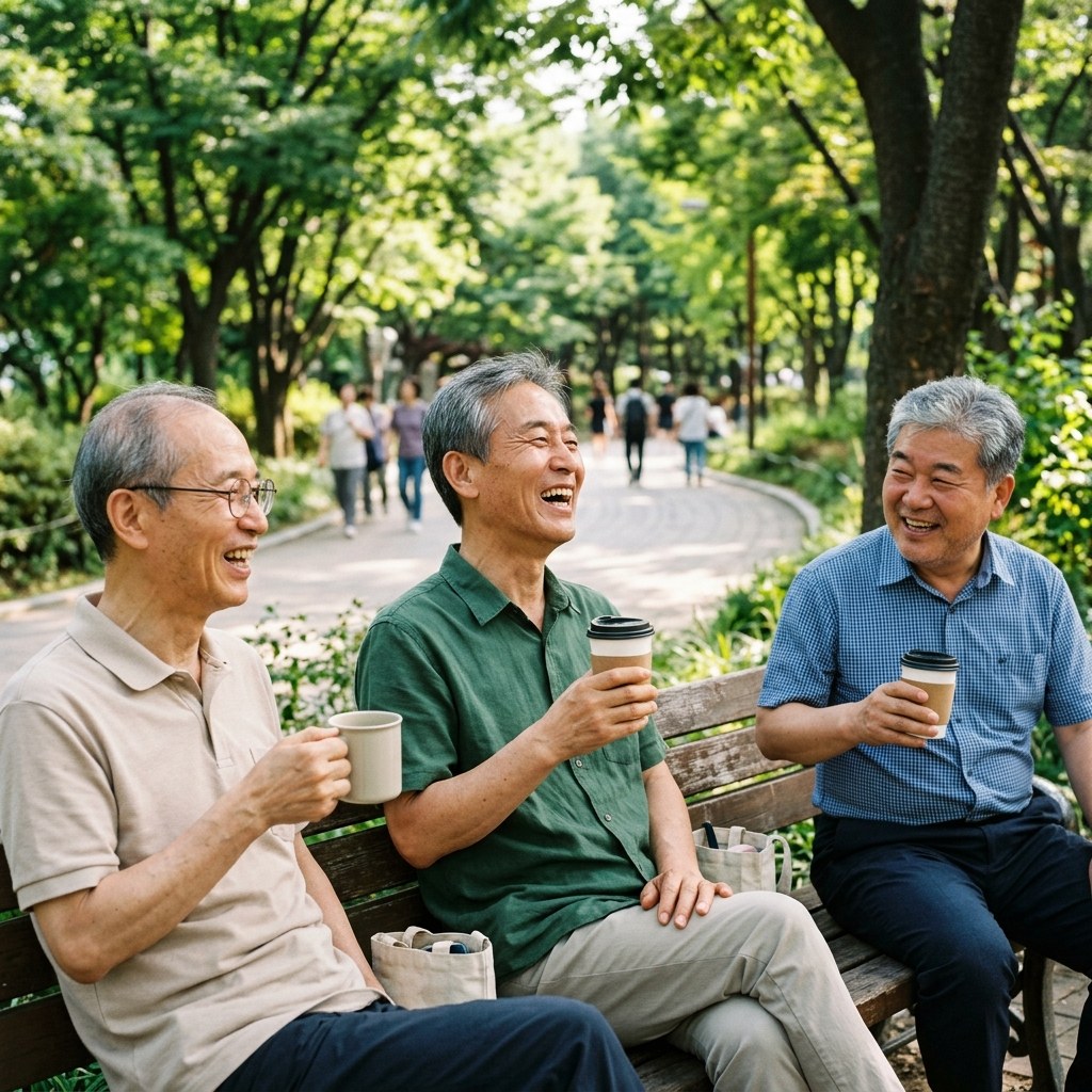 70대 초반 남성이 공원 벤치에서 같은 또래 남성 두 명과 함께 커피를 마시며 환하게 웃고 있는 장면, 배경은 초록 나무와 산책로, 편안하고 자연스러운 대화 분위기