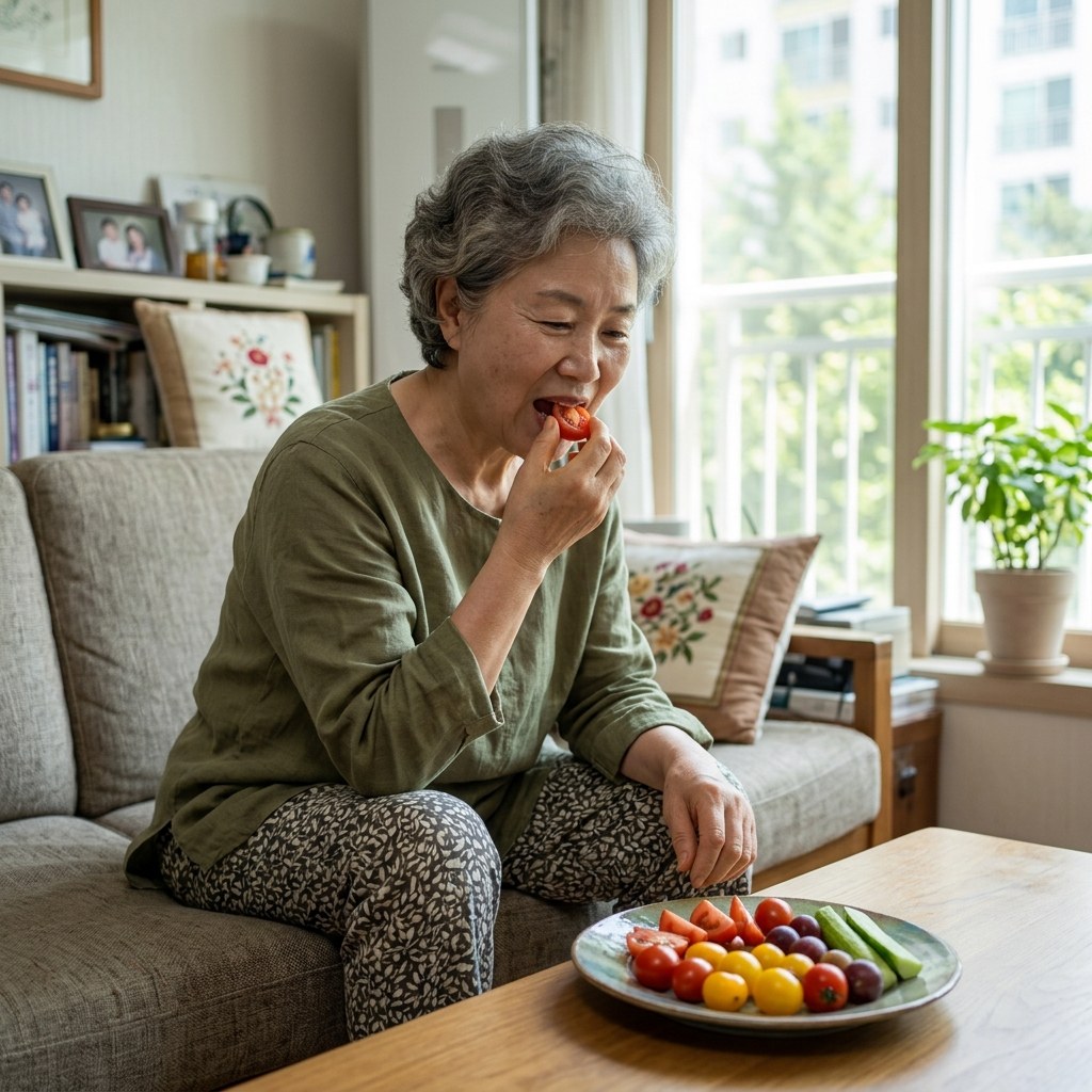 68세 여성이 실내 거실에서 소파에 앉아 과일 접시를 앞에 두고 토마토를 먹는 모습, 얇은 긴팔 블라우스, 창밖으로 밝은 여름 햇살