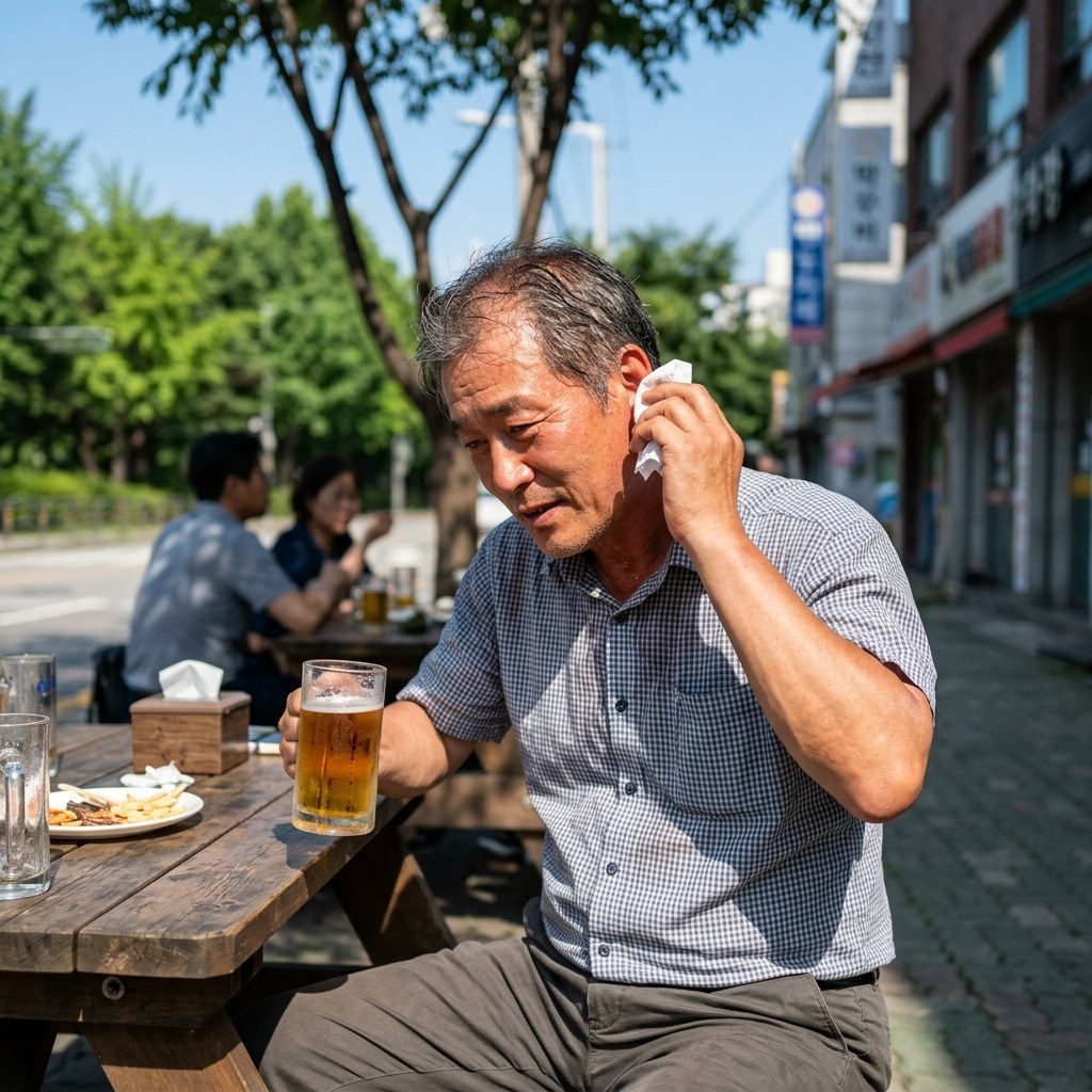 야외 테이블에서 맥주잔을 든 중년 남성이 목덜미에 땀을 닦고 있는 모습, 햇살이 강한 낮