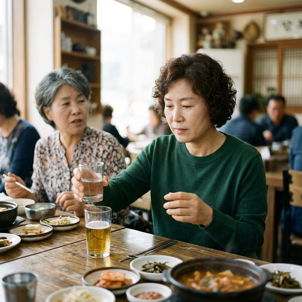 테이블 위에 놓인 물컵과 맥주잔, 중년 여성이 물컵을 먼저 들고 있는 모습