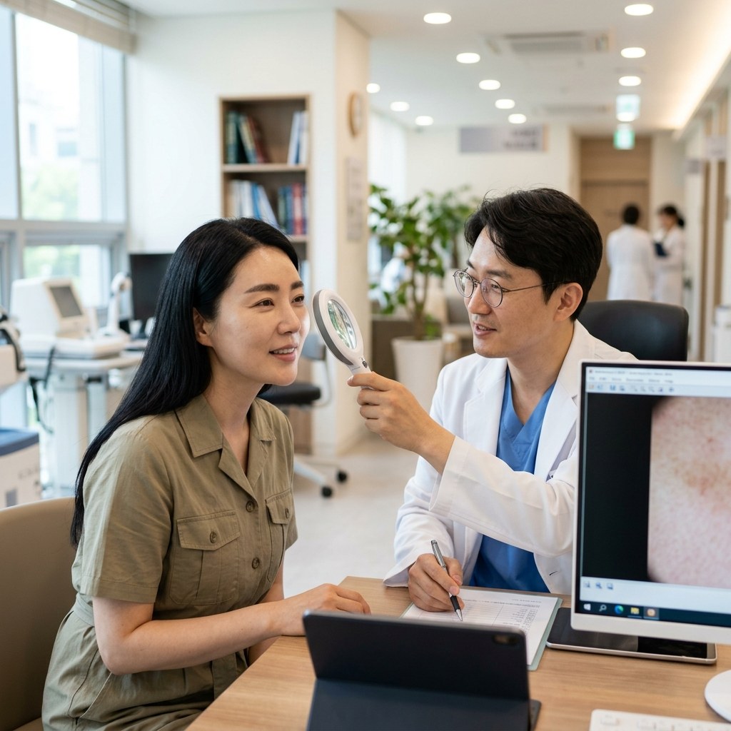 피부과 진료실에서 의사와 환자가 피부 상태를 확인하며 시술 방향을 논의하는 차분한 장면
