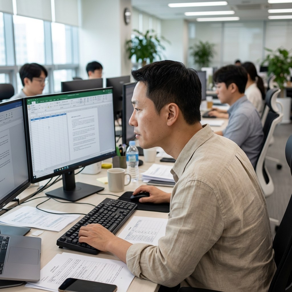 사무실 책상에 앉아 모니터를 향해 목을 길게 빼고 있는 30대 직장인의 옆모습