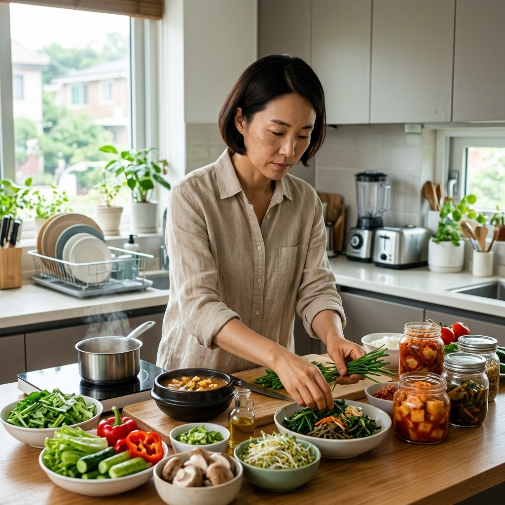 신선한 채소와 발효식품이 고루 차려진 건강한 식탁을 준비하는 모습