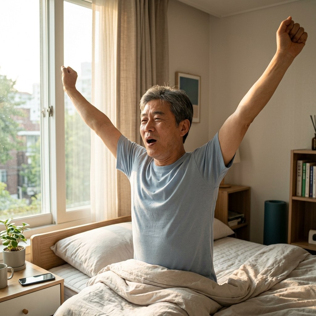 아침 햇살이 들어오는 창가에서 기지개를 켜며 일어나는 활기찬 중장년 남성