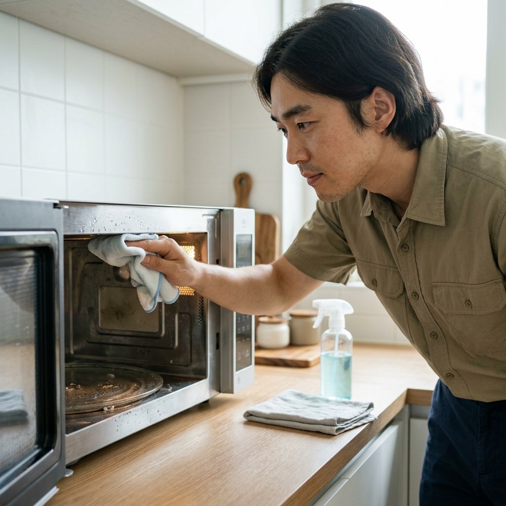 주방 조리대 위 전자레인지 안쪽을 스팀으로 불린 뒤 천으로 닦고 있는 장면, 옆에는 중성세제와 마른 행주가 놓여 있음