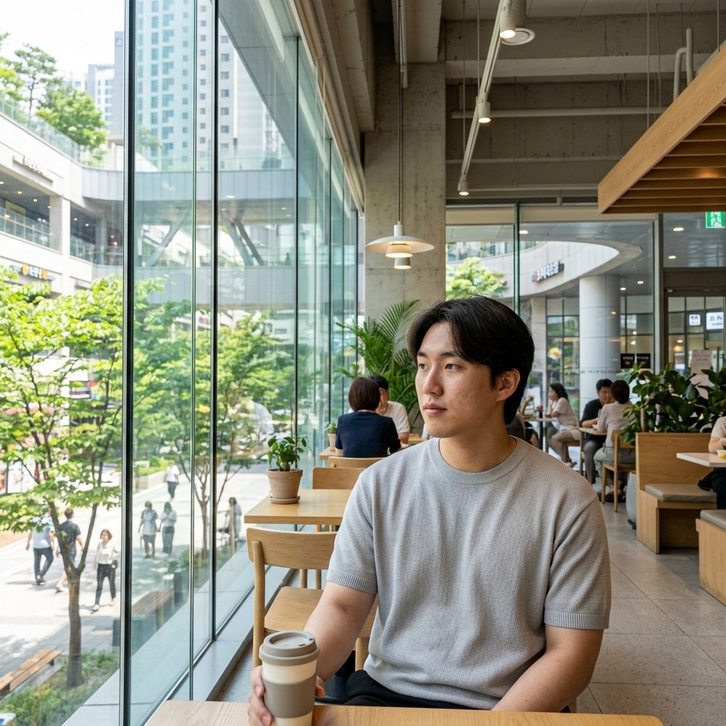 대형 복합몰 내부의 밝고 시원한 카페 공간, 창밖으로 보이는 여름 풍경