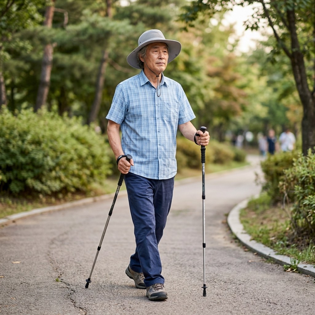 연한 회색 메쉬 소재 챙 넓은 모자를 쓴 65세 남성이 산책로를 걷고 있는 모습, 반팔 셔츠 차림, 양손에 지팡이