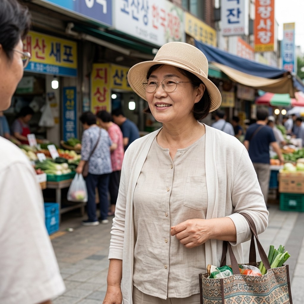 연한 베이지색 라피아 모자를 쓴 72세 여성이 시장 앞에서 장바구니를 들고 서 있는 모습, 긴팔 가디건 차림, 환한 표정