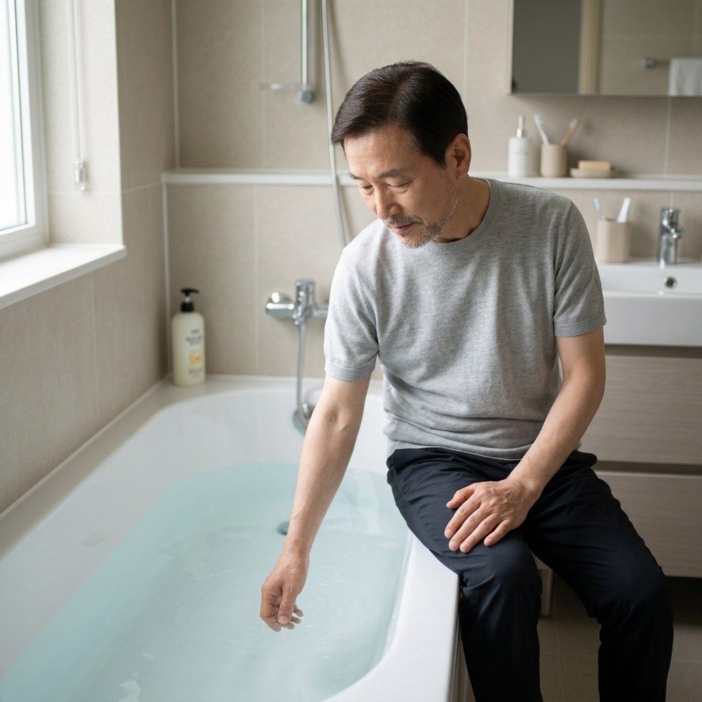 70대 남성이 욕실에서 반신욕 준비를 위해 욕조 가장자리에 앉아 물 온도를 손으로 확인하는 모습