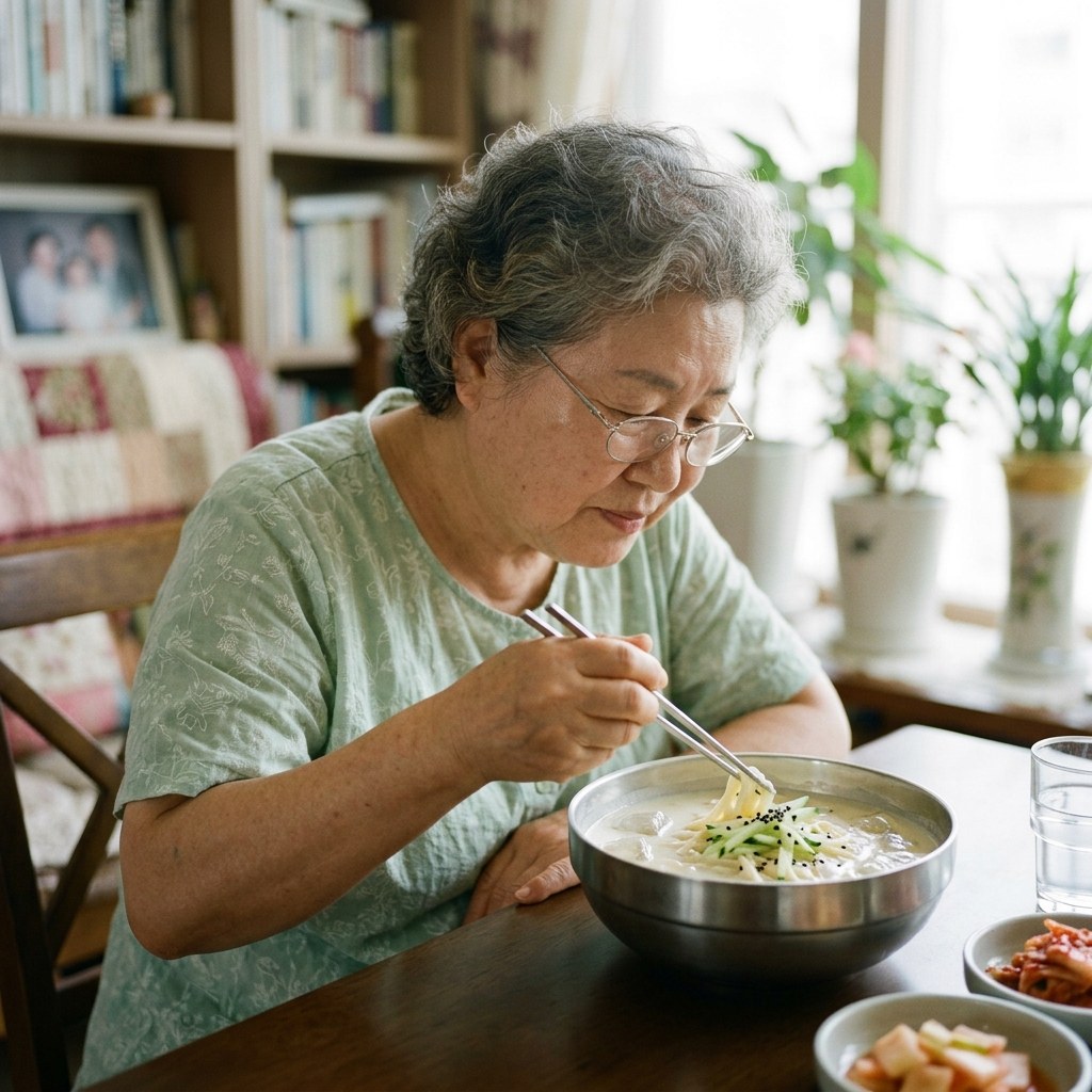 70대 여성이 실내 거실 테이블에서 콩국수 그릇을 앞에 두고 젓가락을 든 모습, 가벼운 반팔 블라우스, 밝은 실내 조명