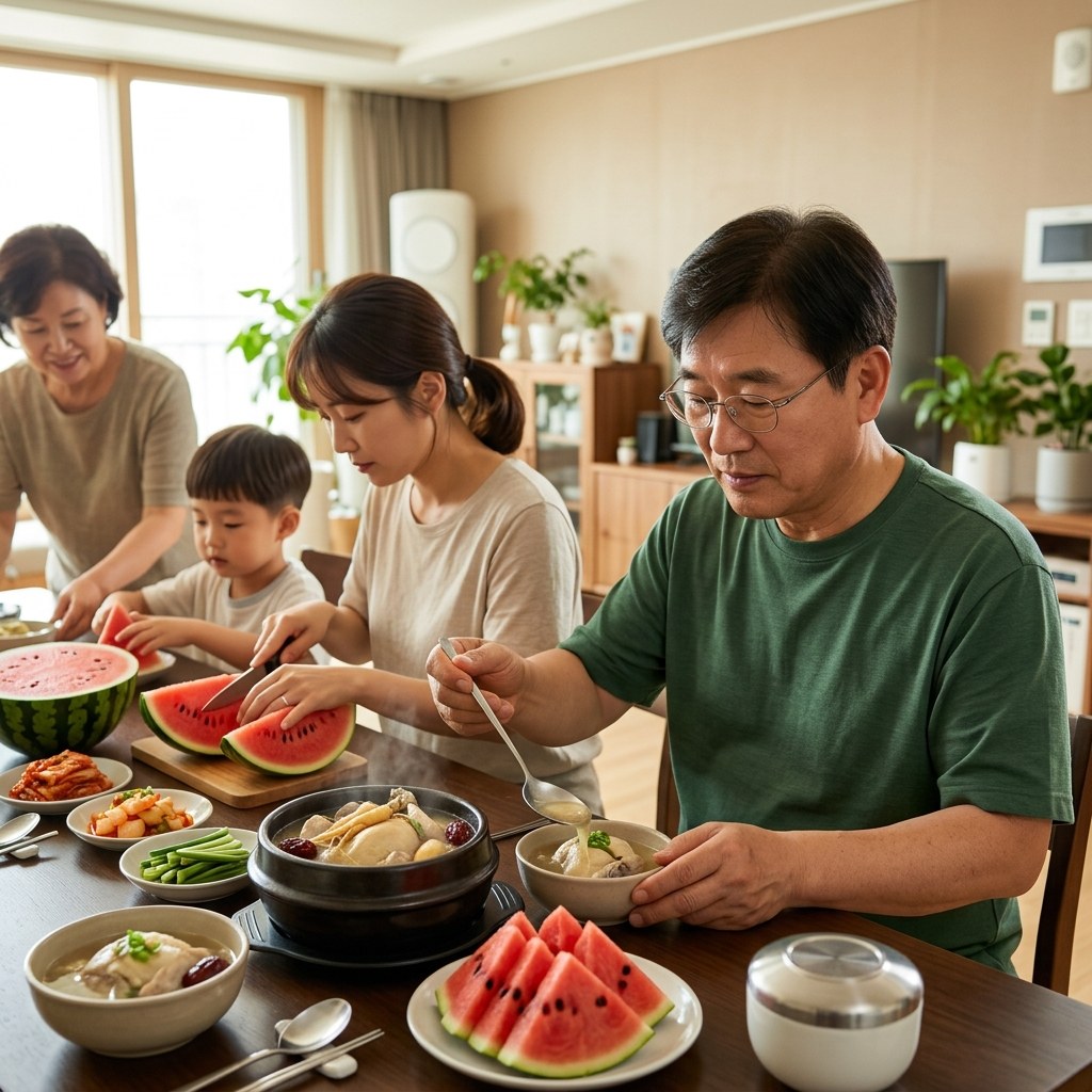 삼계탕과 수박이 놓인 식탁 앞에 앉아 보양식을 준비하는 가족의 모습