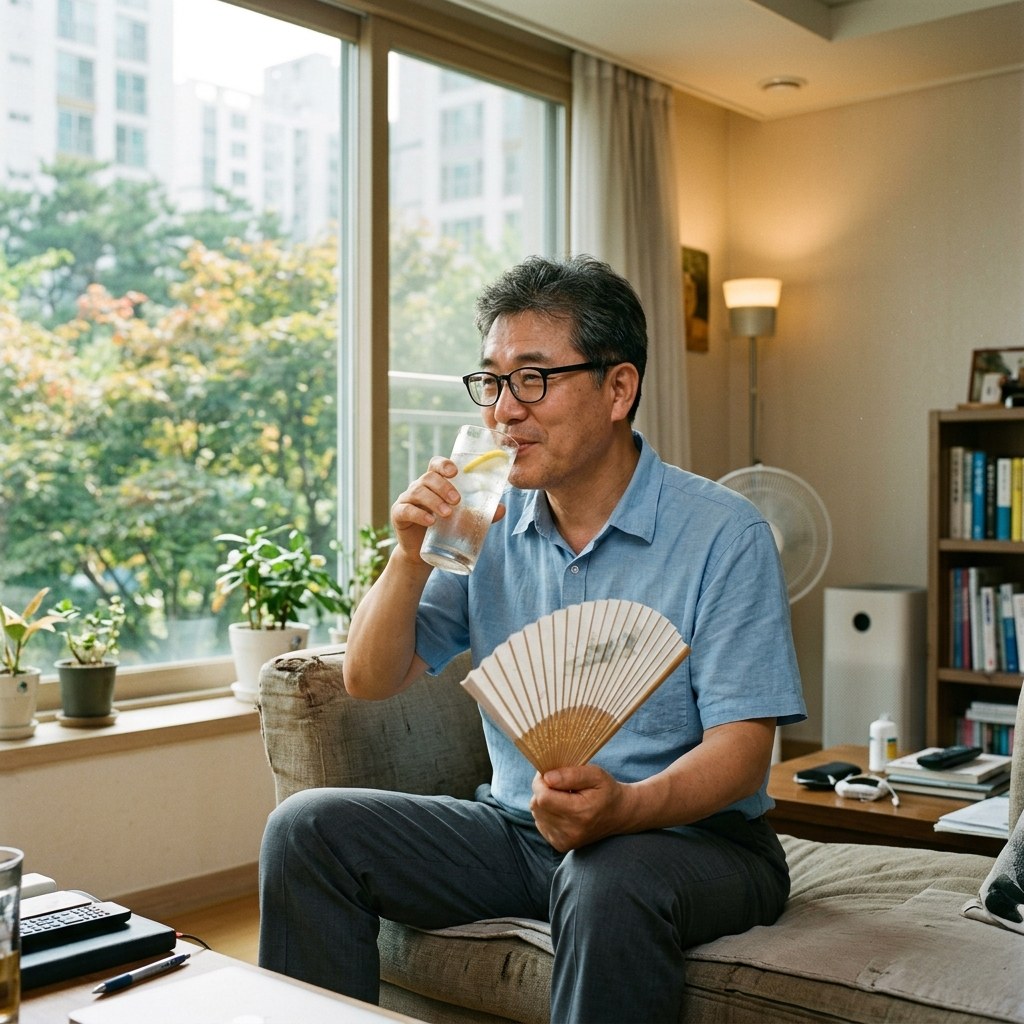 창밖으로 늦여름 햇살이 비치는 거실에서 부채를 들고 시원한 음료를 마시는 중년 남성