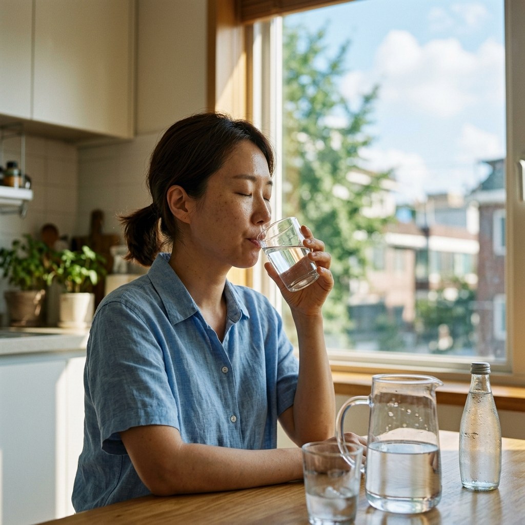 30대 여성이 주방 식탁에 앉아 투명한 컵 속 물을 입에 머금은 채 눈을 감고 잠시 멈춰 있는 모습. 테이블 위에는 얼음 몇 개와 물병이 놓여 있고 창밖으로 여름 햇살이 보임